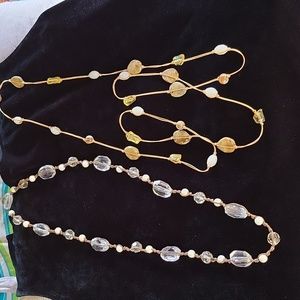 Hand strung beaded necklaces on leather - no metal.  34" and 58"